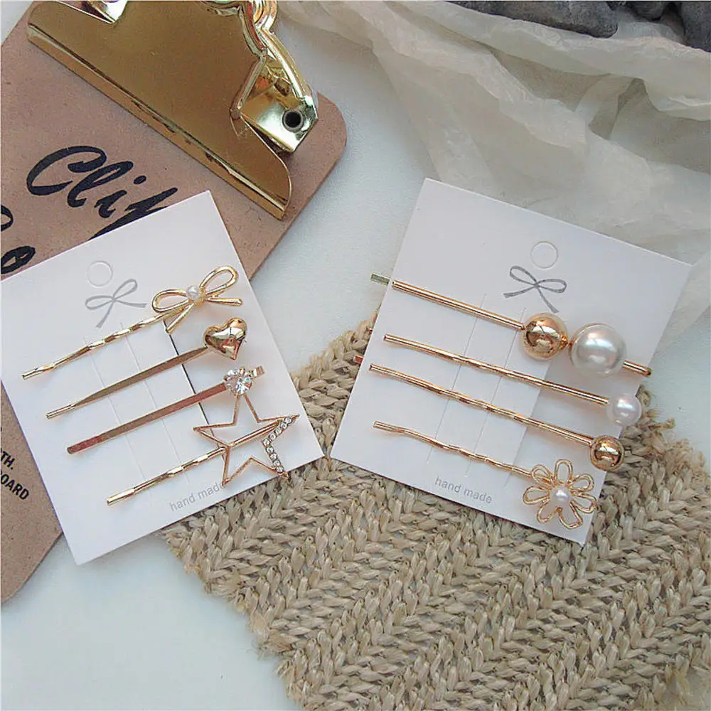 

Retro Geometric Rhinestone Love Hearted Star Hairpin Bangs Clip Pearl Temperament Simple Edge Clip