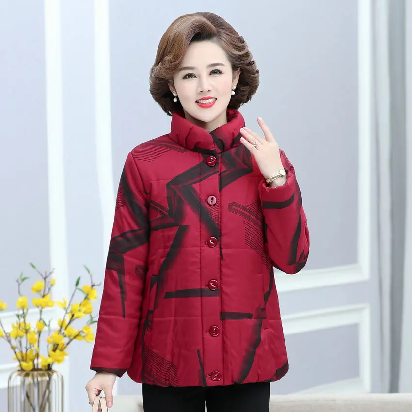 

Middle Aged Women Quilted Basic Coat Winter Red Green Print Puffer Parkas Mature Ladies Thick Padded Jacket Plus Size XXXXXL 4xl