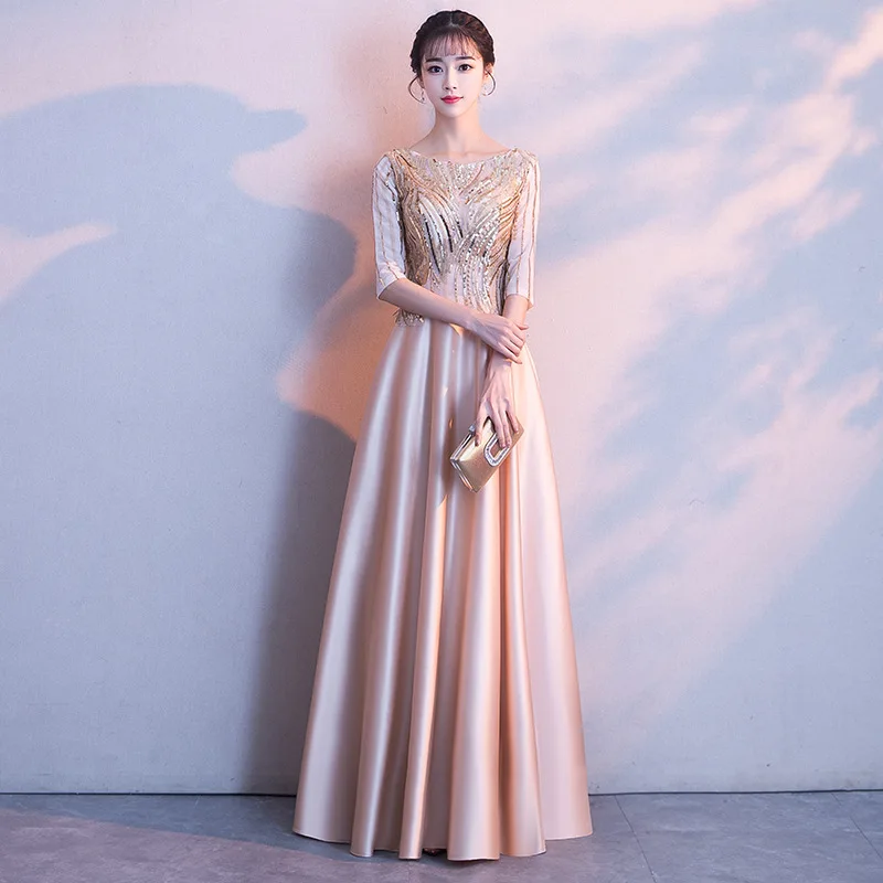 

Long Sleeves Evening Dresses Champagne Cheap Elegant Jewel Neck Sequins Beaded Satin A Line Prom Party Gowns Floor Length