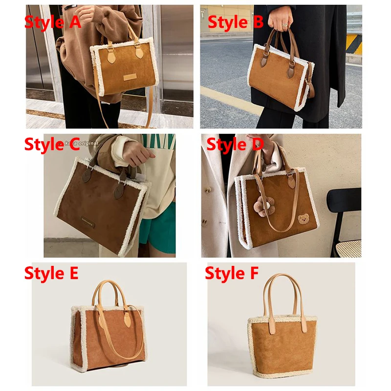 Fashion Faux Suede Lambswool Splice Totes Bags for Women Big Capacity Lamb Wool woman handbag Soft Plush Edge Shoulder Bag |