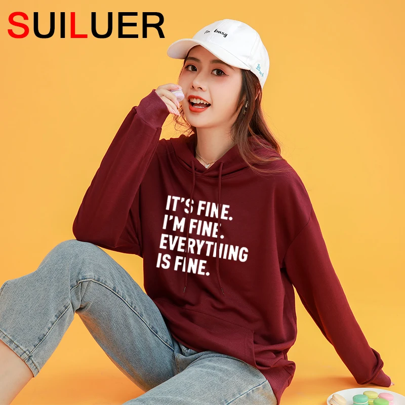 

It's Fine I'm Fine Everything is Fine Print Women 100% Cotton Hoodies Loose Women Sweatshirts Ladies Pullovers Tops Mujer S330-5