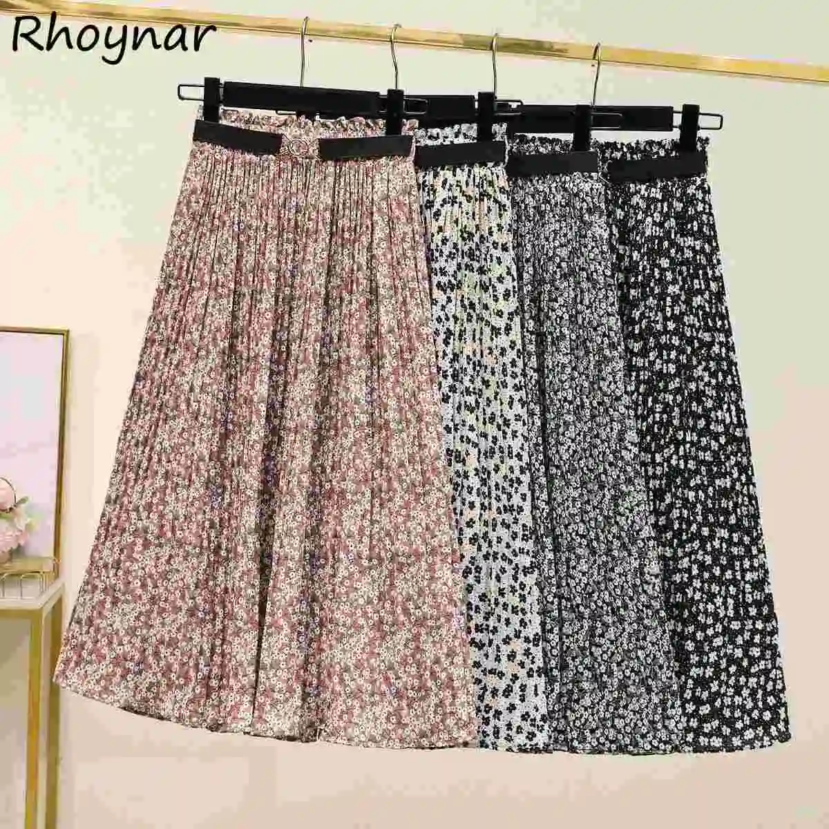 

Юбка женская шифоновая с завышенной талией, универсальная уютная Милая юбка-трапеция до середины икры с цветочным принтом, популярная в вин...