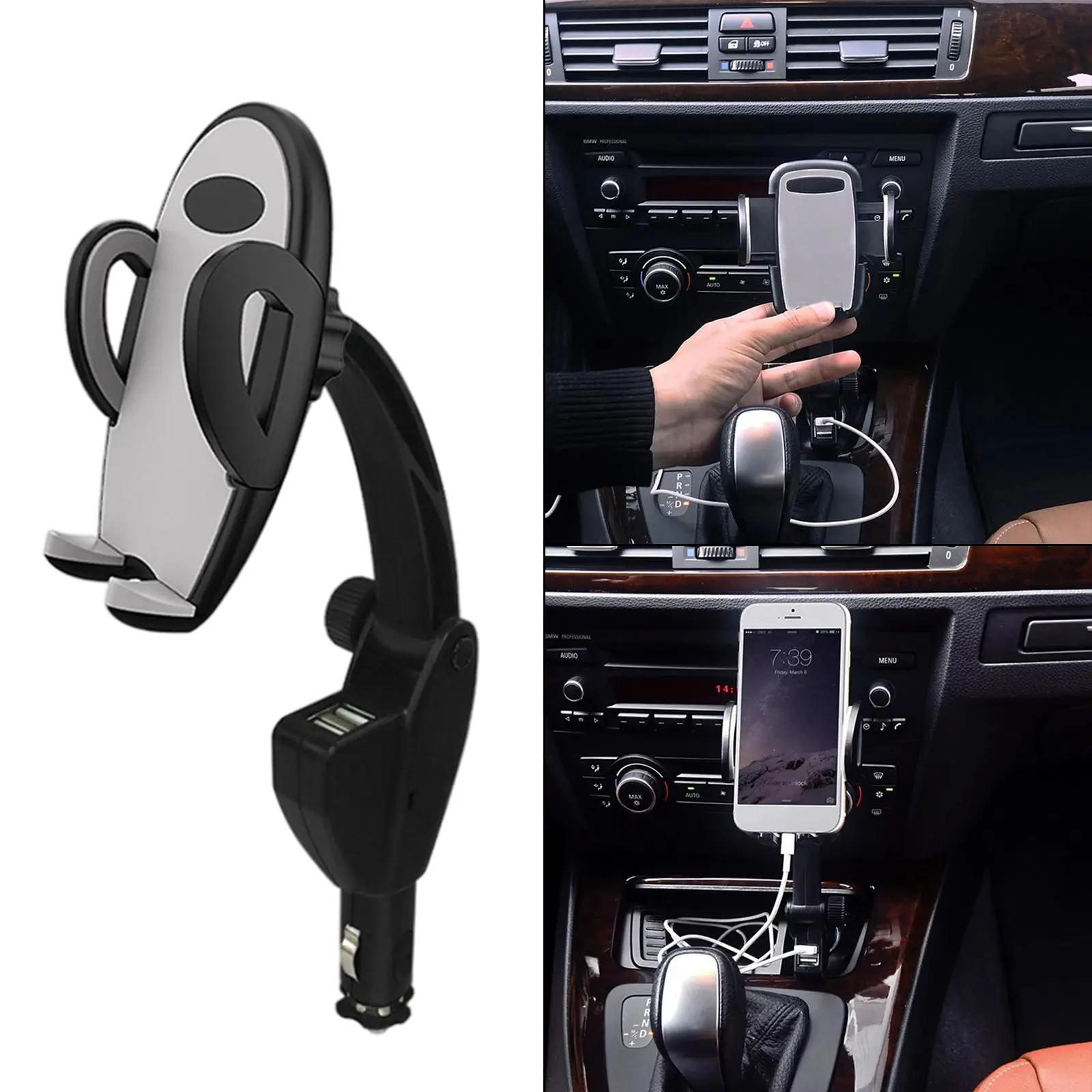 

2 USB Ports Adjustable Car Charger Holder Fast Charging Cigarette Lighter for 2-3.7 inch Phones