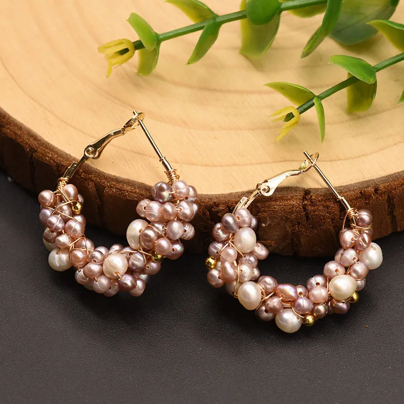 

Natural Freshwater Pearl Purple Hoop Earrings Woman Wedding Original Design Handmade Fine Jewelry Lapis Lazuli Flower Earrings