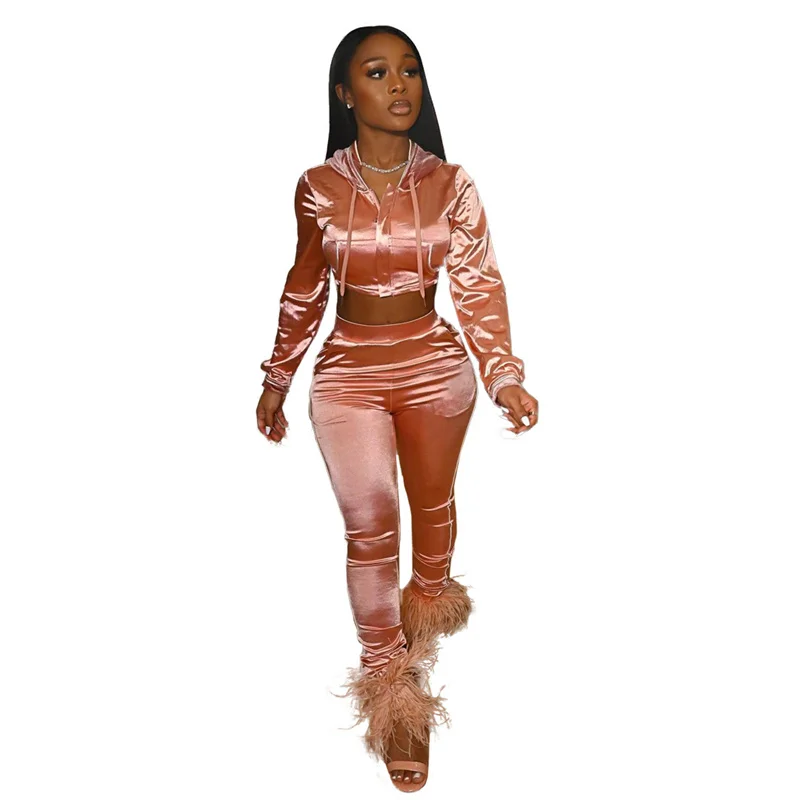 

2021 New Autumn Winter Matching Sets Women Tracksuit Solid Ladies Clothes Zipper Hoodie Crop Top Skinny Pants Suit Two Piece Set