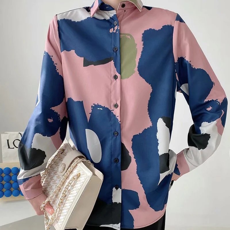 

Woman Plaid Shirt Long-sleeved Contrast Color Tie-dye Printed Chiffon Shirt Top Button Up Shirt Street Fashion Summer Clothes