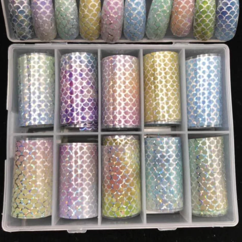 

10rolls/box Mermaid Nail Fish Scales Decals Full Wrap Water Transfers Effect Laser-Fish Scales Nail Film Art Sticker