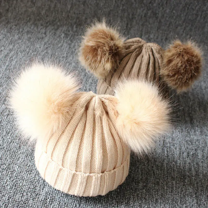 Baby Kids Girls Boys Winter Warm Knit Hat Furry Balls Pompom Solid Cute Lovely Beanie Cap Fur Pom Gifts | Детская одежда и обувь