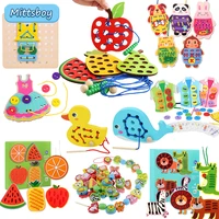 2022 baby diy monterssori dressing cartoons fruit animal stringing wooden toys threadings wooden beads toy educational for kids