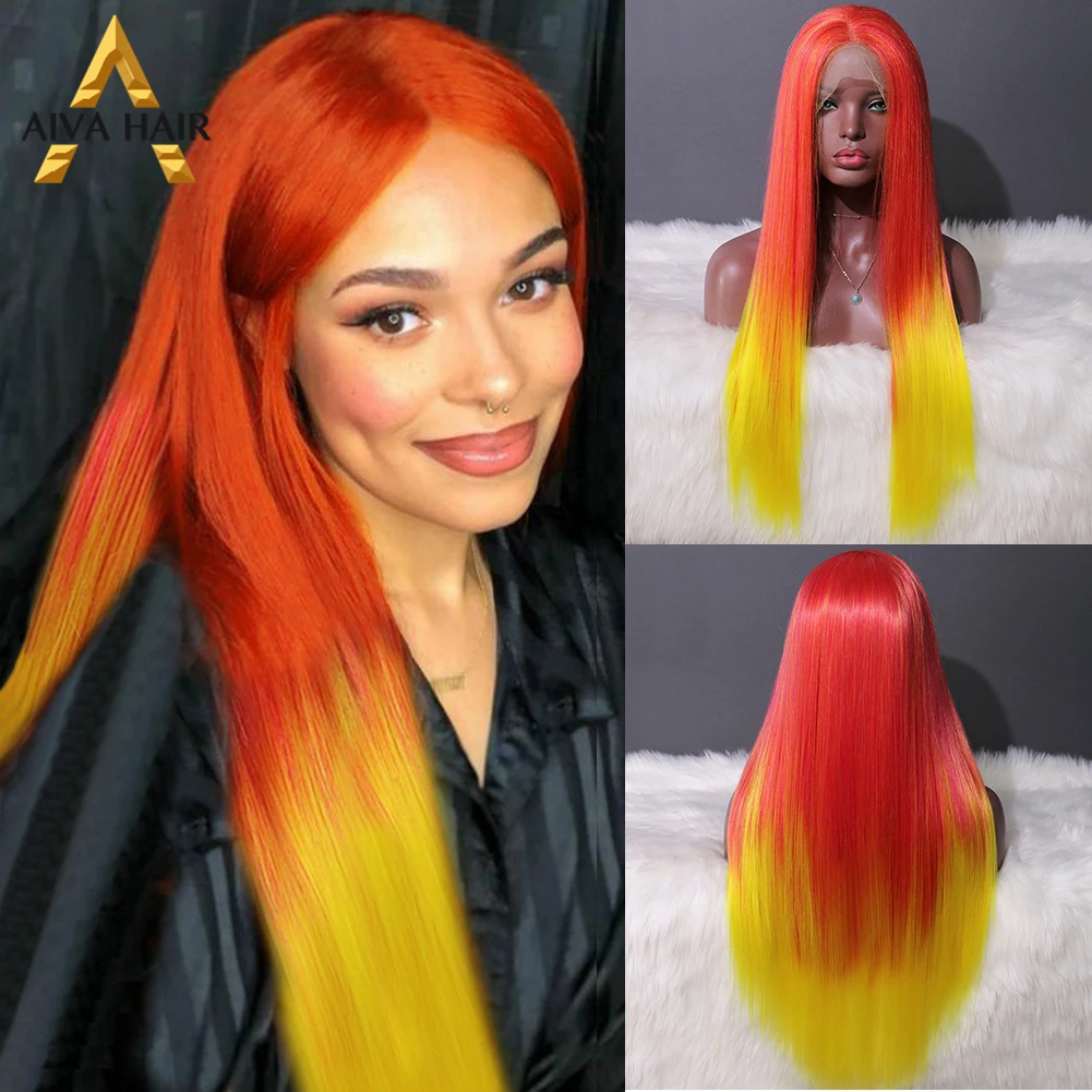 Ombre Orange Synthetic Lace Front Wig Heat Resistant Blonde Red Lace Front Wig Drag Queen Cosplay Wigs For Black Women Aiva