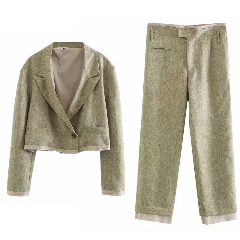 

Women suits women spliced linen suit sets ladies short blazer jacket single button high waist pants summer two piece set