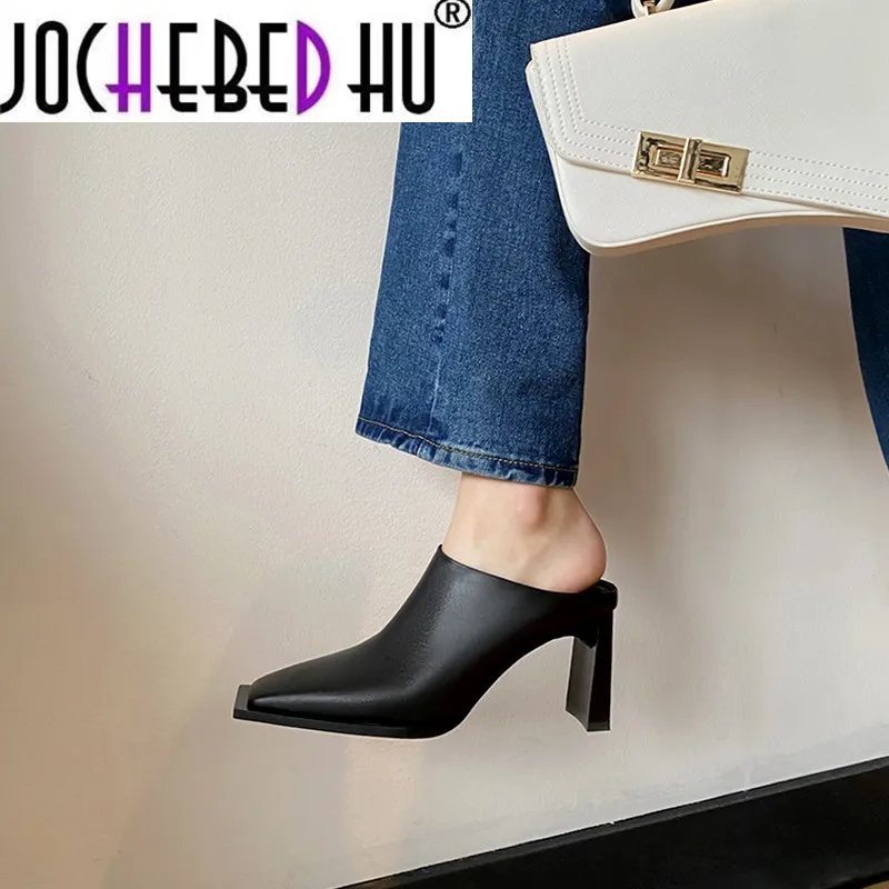 

【JOCHEBED HU】 2021 New Summer Slingback Women Pumps Fashion Square Toe Slip On Female Shoes Genuine Leather Square High Heels Si