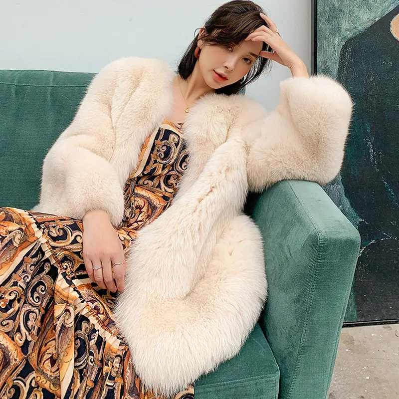 Whole Skin Fox Fur Fashion Jacket Women's Mid-length Long-sleeved Fur Coat 2021 Autumn And Winter New Office Lady O-Neck