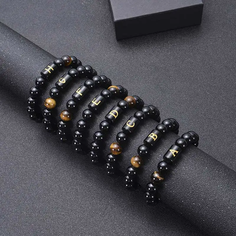 Бусины из натурального черного агата 26 букв оригинальные бусины ювелирные