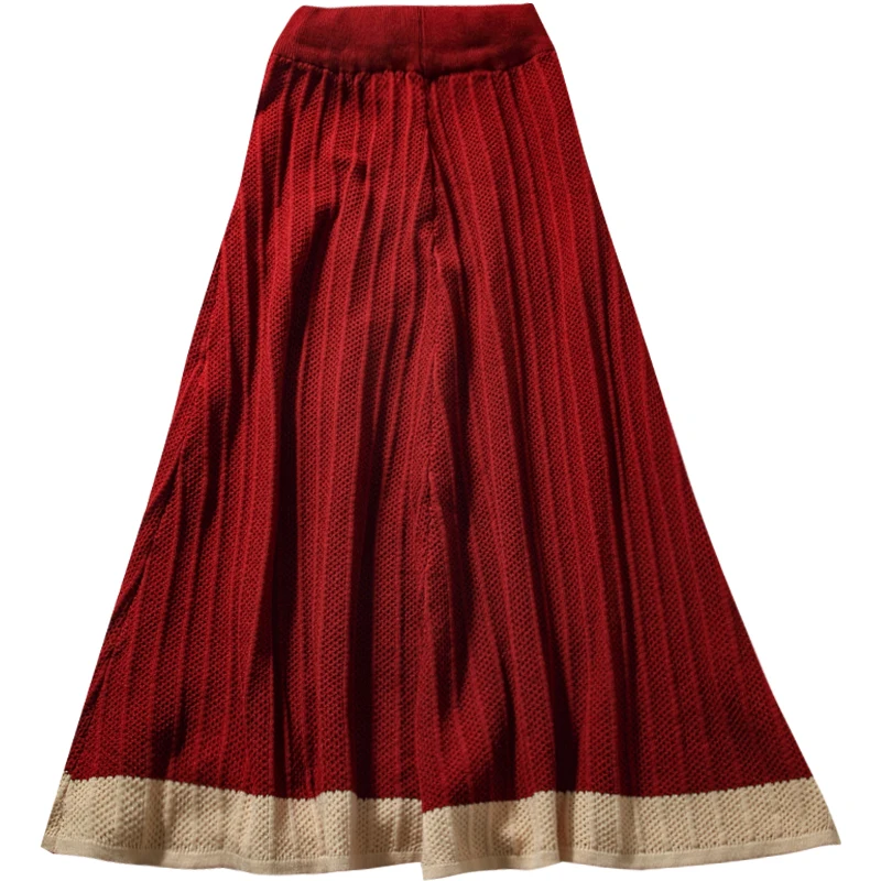 

Korean Style Burgundy Rib Knitted Patchwork A-line Long Calf Knit Skirts