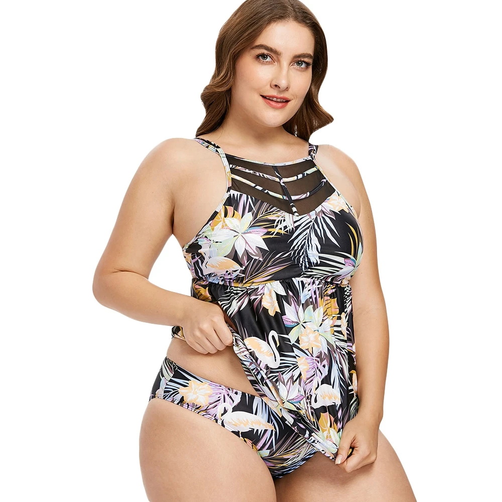 Плюс размер танкини фламинго рюшами Пляжное платье купальный костюм для женщин