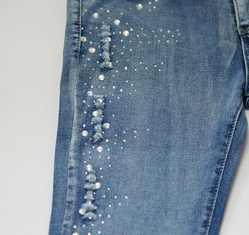 Ladies rhinestone Diamond denim jeans Patns Ripped Women's Vintage long trousers light blue Skinny Stretchy Pencil Pants | Женская