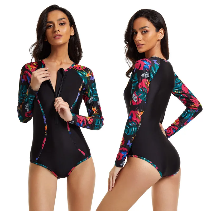 

Long Sleeve Rash Guard Women Print Swimwear Zipper One Piece Swimsuit Plus Size Surfing Suit Shorts Diving Clothe Pad Bath Suit