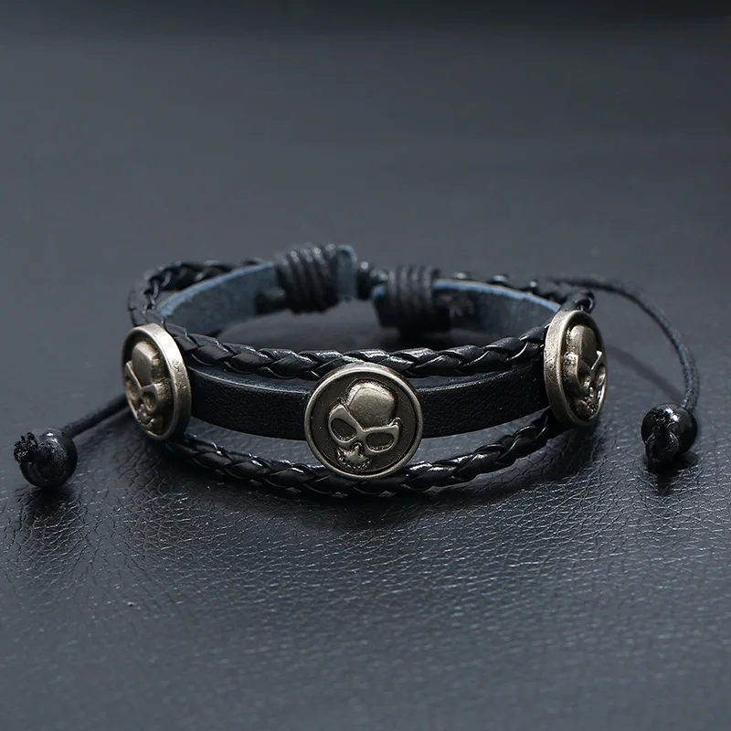 

Multilayer Alloy Skull Bracelet Men Casual Fashion Braided Leather Bracelets Bangles Retro Punk Wrap Wristband Men Small Gift