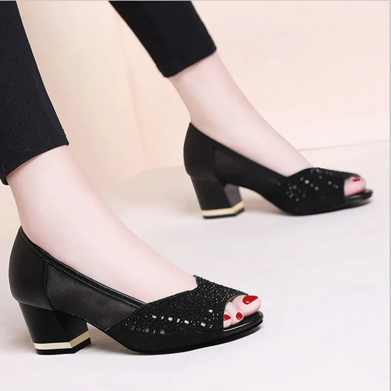 

Женские классические туфли Marlisasa, золотистые туфли с открытым носком на квадратном каблуке, повседневные Черные Сетчатые дышащие туфли выс...