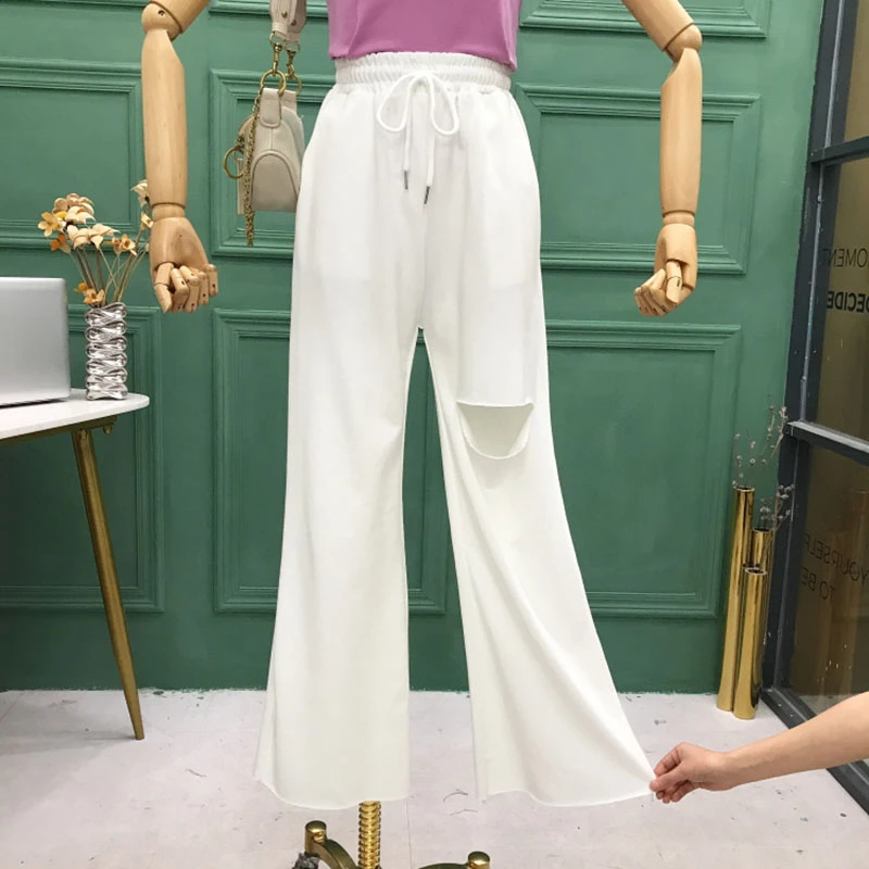 

2020 casual Summer Hole Wide Leg Pants Loose Elastic High Waist Casual Straight Trousers Long Candy Color Drawstring Bottom