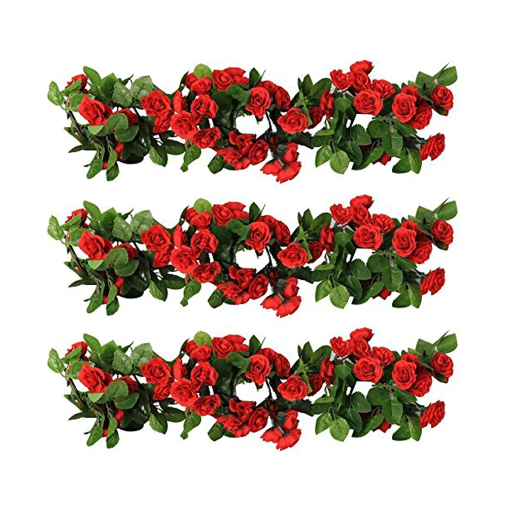 

3PCS Artificial Rose Garlands Silk Rose Flowers Green Leaves Vine For Home Hotel Office Wedding Party Garden Craft Art Decor Red