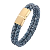 double layer retro blue braided leather bracelet men jewelry stainless steel magnetic clasp fashion bangles male wrist band gift