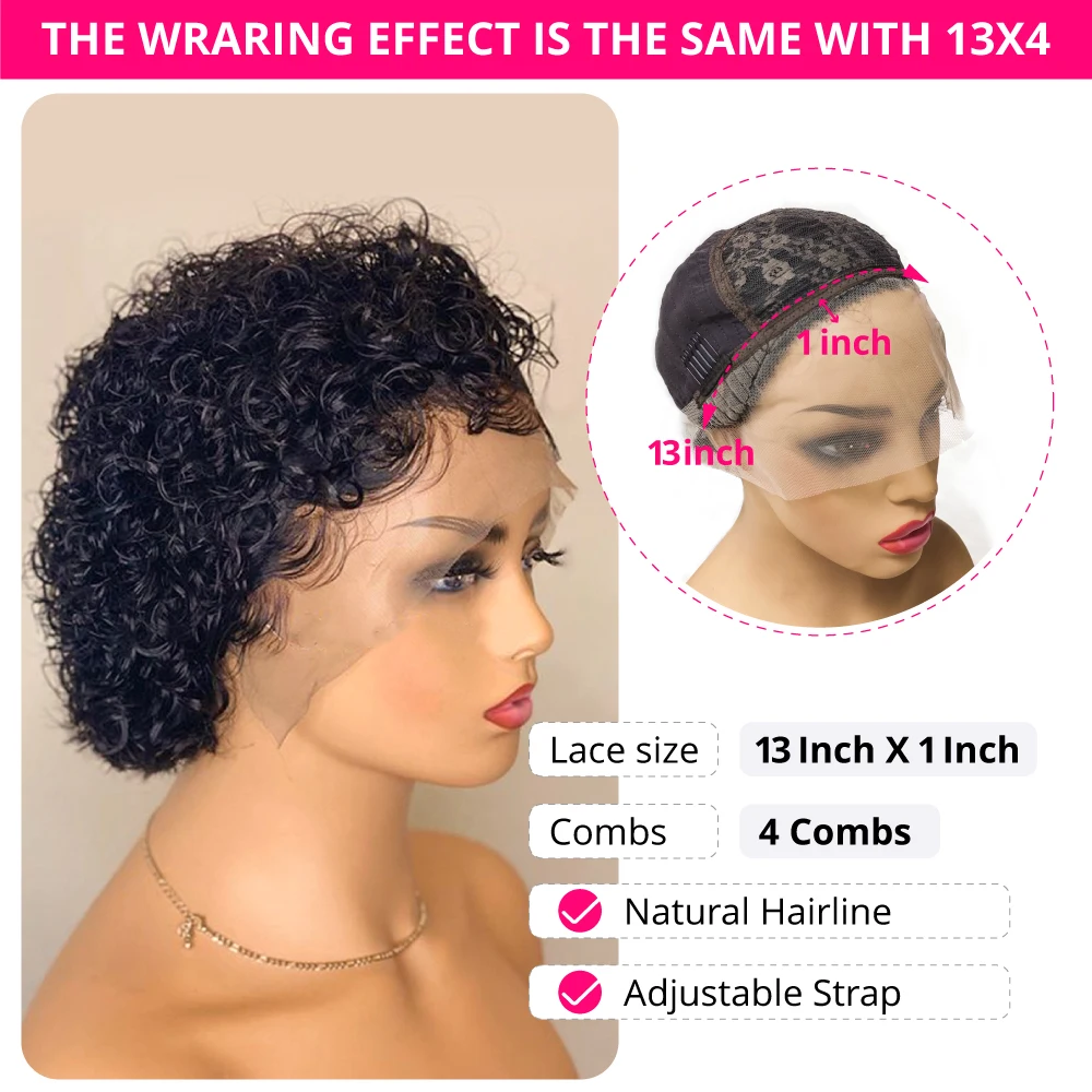 Short Curly Human Hair Wigs Pixie Cut Wig  Cheap Human Hair Wig 13X1 Transparent Lace Wig For Women Human Wigs Water Wave Hair