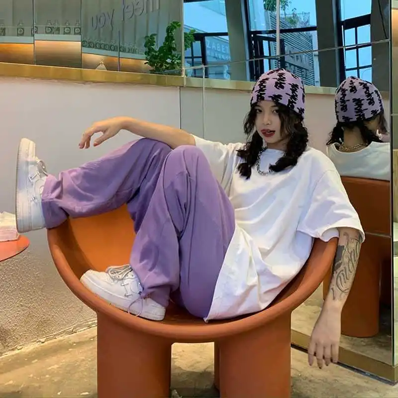 Женские повседневные брюки джоггеры фиолетовые свободные с карманами и широкими