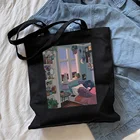 Хлопковая сумка-шоппер Kpop, большая женская сумка на плечо, с изображением ночного города, мультяшных героев, на молнии
