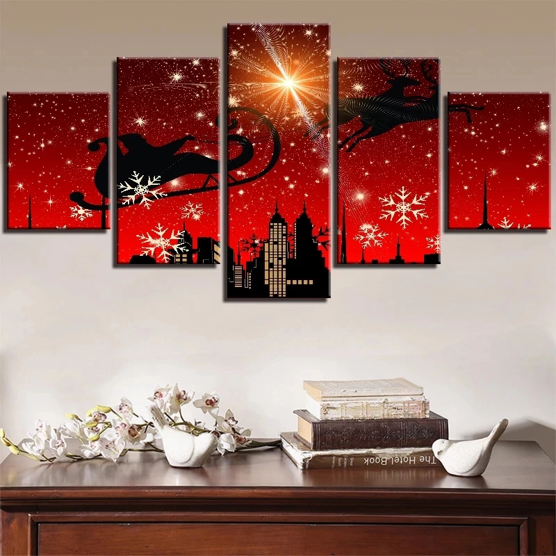 

5 Pieces Cartoon Christmas Wallpapers Santa and Deer Canvas Painting Red Festival Posters Wall Art Pictures for Home Room Decor