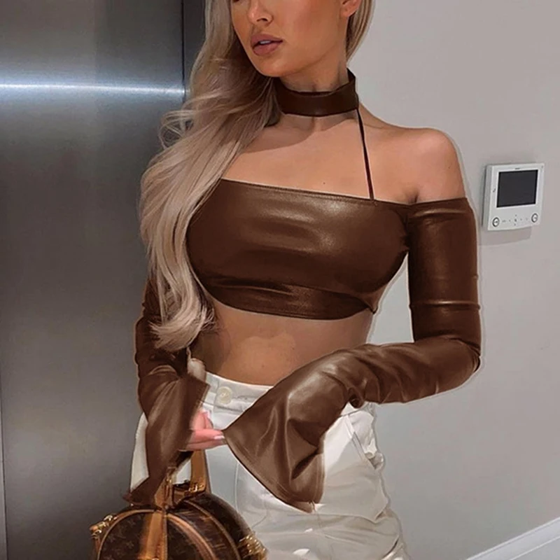 

Women's Fashion Sexy Halter Slit Long Sleeve One Shoulder Leather Top Brown