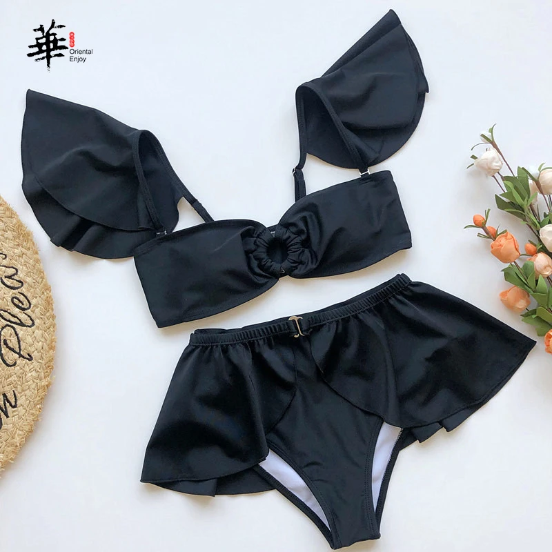 

Sexy Fashion 3 Piece Swimsuit Off Shoulder Print Ladies Swimwear Swimsuit with Ruffles Solid Women Beach Wear