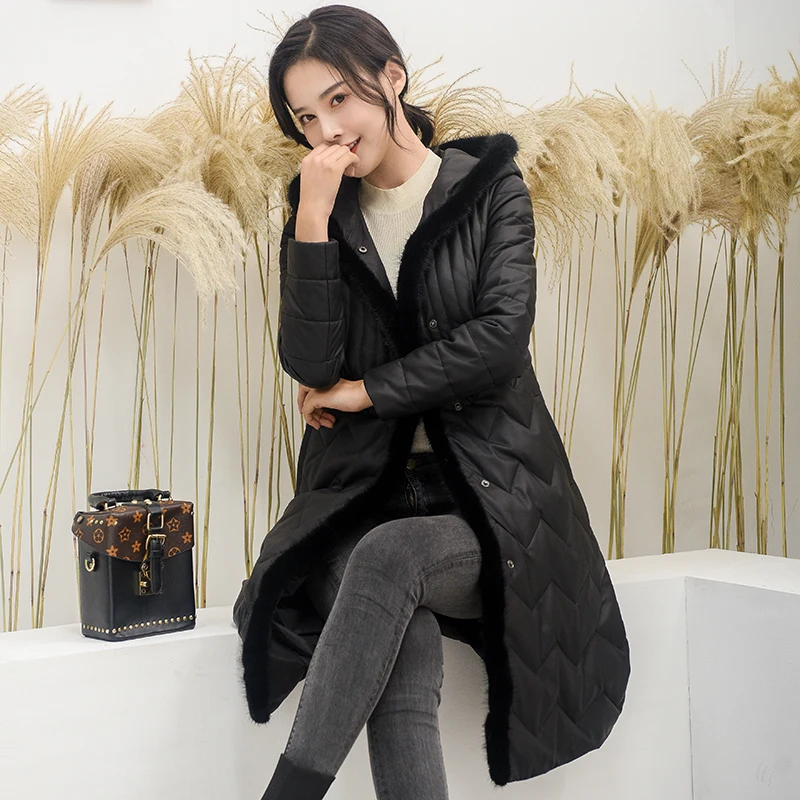 100% настоящая овчина Женская Длинная зимняя куртка пуховик женский из корейской