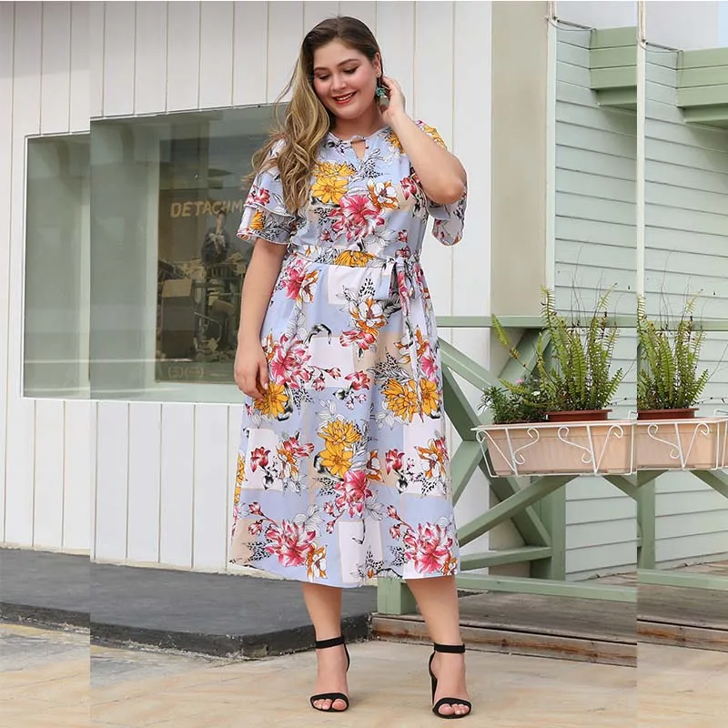 WHZHM летнее богемное цветочное строгое платье 3XL 4XL женское вечернее с коротким