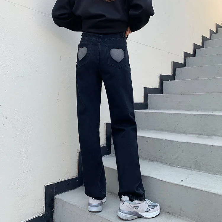 

Korean style hollow out love heart black jeans women's straight loose wide-leg pants