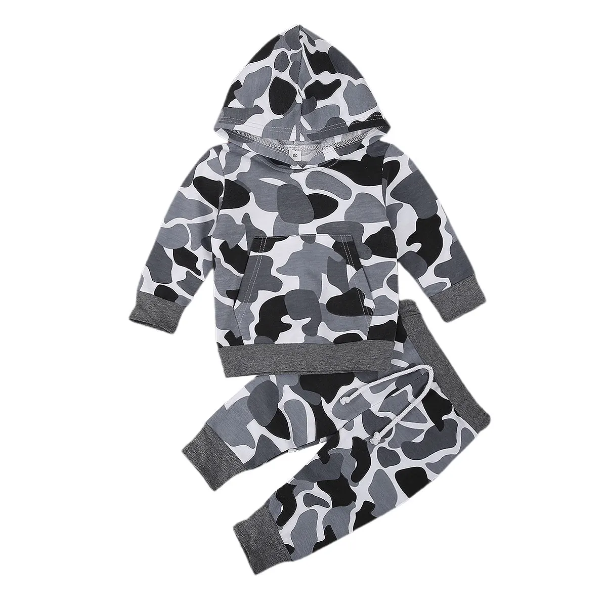 

Little Boy’s Long-sleeved Trousers Suit Personality Camouflage Print Hooded T-shirt and Elastic Long Pants Clothes Set Outfits
