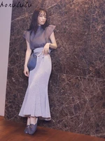2021 autumn new japanese temperament a line solid color stitching retro mid length fishtail skirt women