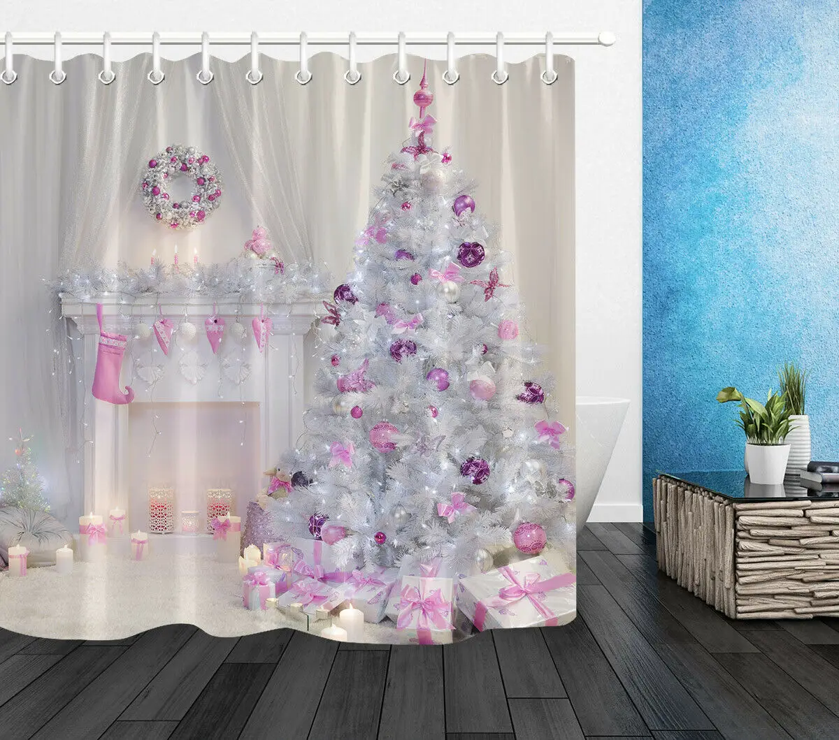 

Pink Christmas Decoration Bathroom Shower Curtain Set Waterproof Fabric
