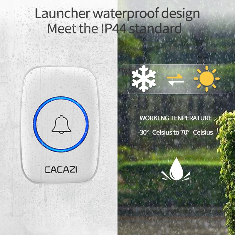 CACAZI Waterproof Wireless Doorbell 300M Remote LED Light Home Cordless Bell 60 chimes 5 Volumes EU Plug 1 2 Button 1 2 Receiver