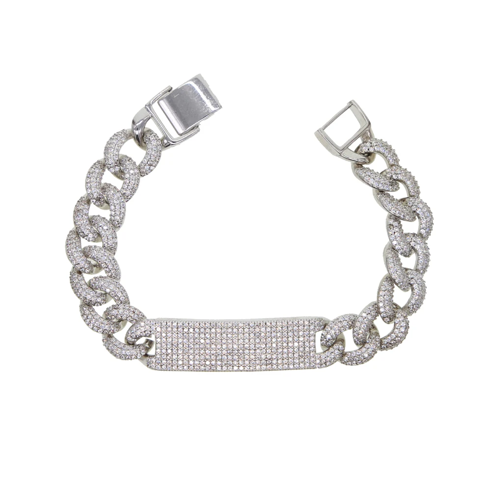 Платиновое покрытие Для женщин и мужчин iced out bling micro pave cz квадратный бар очарование Снаряженная кубинская цепь браслет 17 см рок хип хоп ювелирные изделия - Окраска металла: Платиновое покрытие