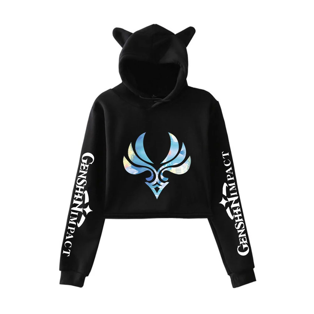 

Hot Anime Hoody Genshin Impact Print Crop hoodies women Cat ears Exposed top Hooded Sweatshirt Unisex Tracksuit Clothes