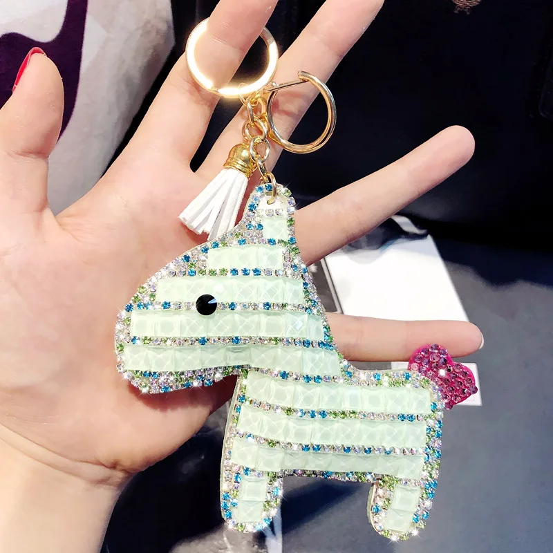 New Fashion Diamond-studded Stay Cute Horse Keychain Cartoon Personality Leather Charm Key Chain Lady Bag Mobile Phone Keychain