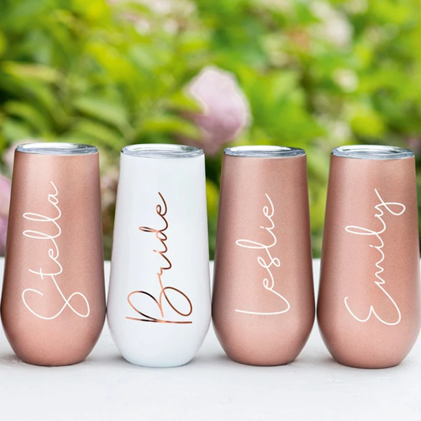 

6oz Personalized Flute Tumblers Custom Stainless Tumbler Champagne Bachelorette Party Wine Cup Bridesmaid Proposal Bridal Favors