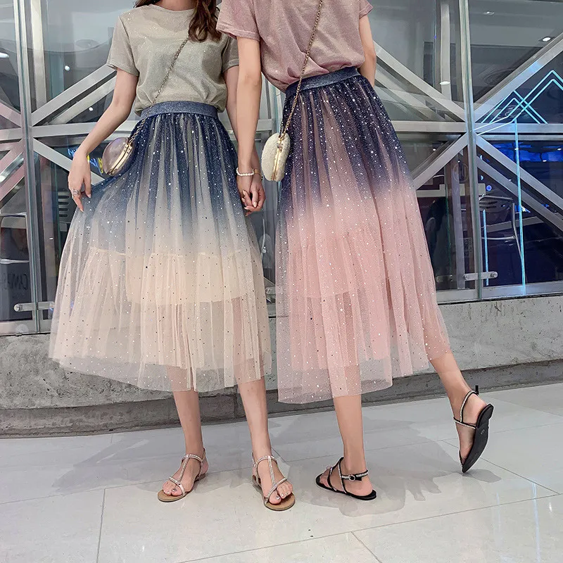 Весенне летние женские модные плиссированные юбки из тюля градиентного цвета