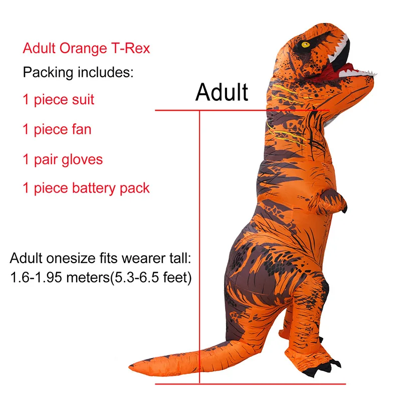 Adult Orange T-rex JYZCOS взрослый T REX надувной костюм динозавра Хэллоуин партии Косплей Костюм для женщин мужчин детей Карнавальный костюм - Цвет: Adult Orange T-rex