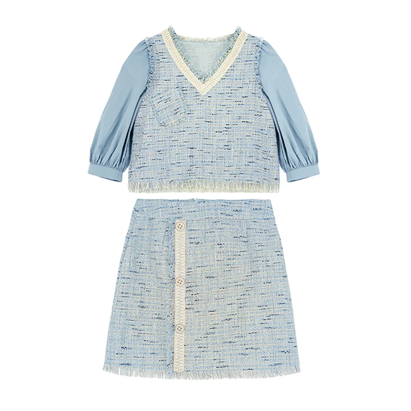 

PERHAPS U Blue Patchwork Shirt V Neck Half Sleeve Empire Button Tweed Mini Skirt Two Piece Set Women T0276