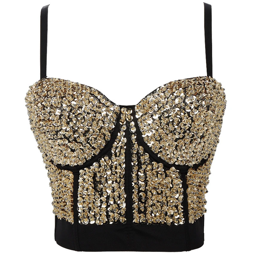 

Sexy Bright Beading Sequins Nightclub Push Up Bralette Bra Cropped To Wear Out Corset Tops Female Camis Crop Top Mujer Clothes