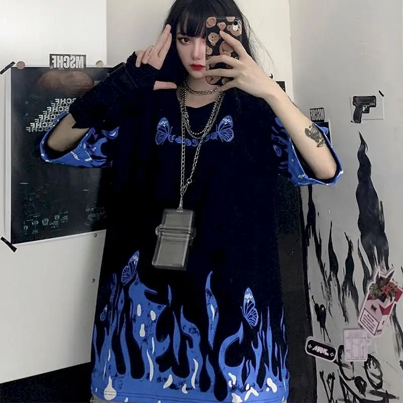 Футболка в Корейском стиле Harajuku темноте бабочки принт пламя свободно