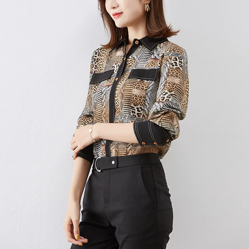 Женская рубашка с леопардовым принтом Повседневная блузка из натурального шелка